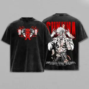 Ryomen Sukuna God Form Tee Washed – Sukuna Jujutsu Kaisen Vintage Oversized Heavy Cotton Double Printed Front & Back Anime Manga T-Shirt, Retro Unisex Streetwear Graphic Top, King of Curses Ascension Edition, JJK Anime Merch for Fans Black Crewneck
