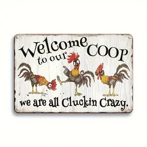 Welcome to Our Coop Metal Sign, Chicken & Letter Pattern Decorative Plaque, Vintage Tin Plate, Farmhouse Chicken Coop Henhouse Shed Wall Art Decor, Home Decor Supplies, Home Decoration, Yard Sign, Door Hanging Sign, Plaque And Sign