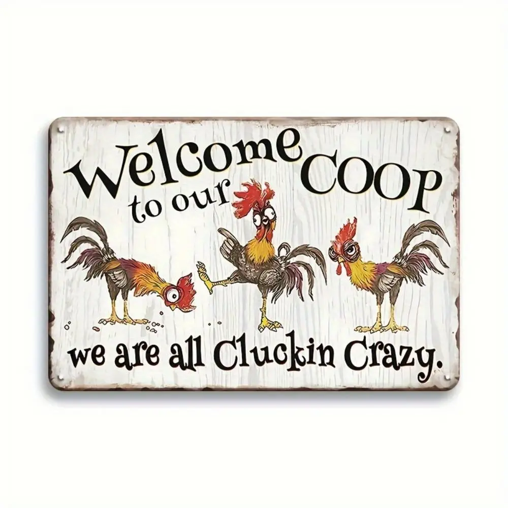 Welcome to Our Coop Metal Sign, Chicken & Letter Pattern Decorative Plaque, Vintage Tin Plate, Farmhouse Chicken Coop Henhouse Shed Wall Art Decor, Ho