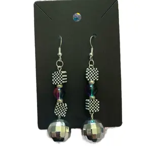 Disco Ball Dangle Earrings with Checkerboard Beads and Blue & Purple Glass Beads ~ Sterling Silver