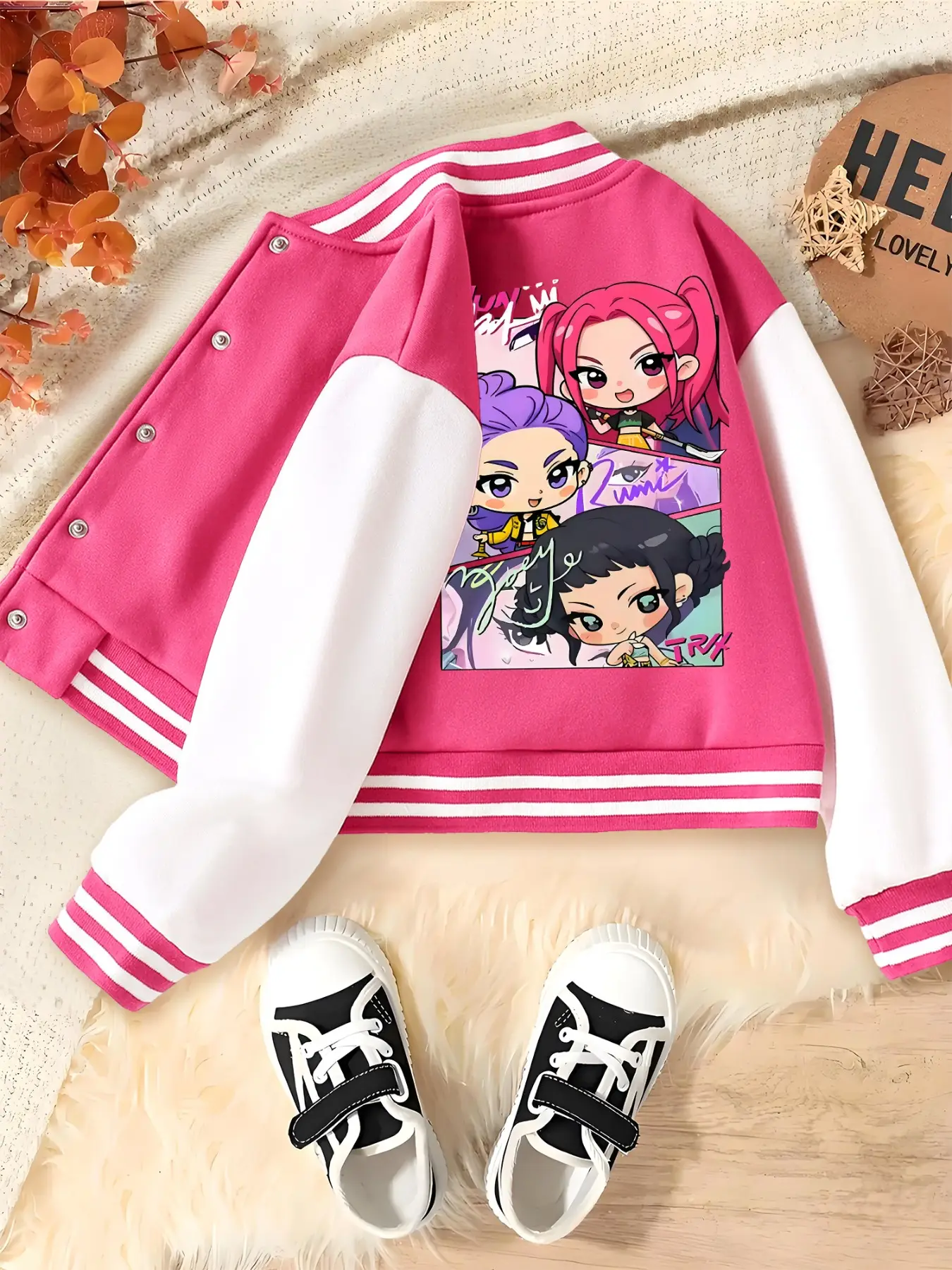Girls' Halloween Christmas Short Baseball Jacket Coat, Kpop Hunter Design, Elastic Fabric, Fitted Style, Fall Winter Outdoor Indoor Sports Wear, Winte