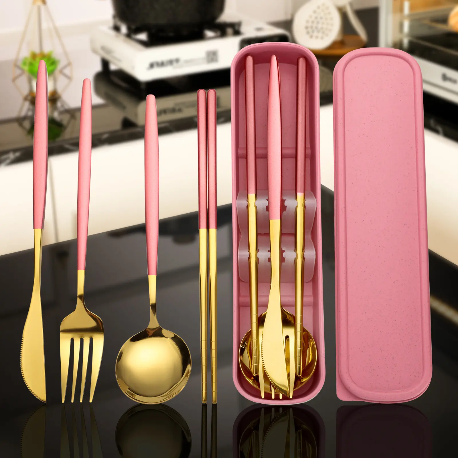 Exquisite 4-Piece Stainless Steel Portable Cutlery Knife Fork Spoon Chopsticks Set Outdoor Gift Student Cutlery Set