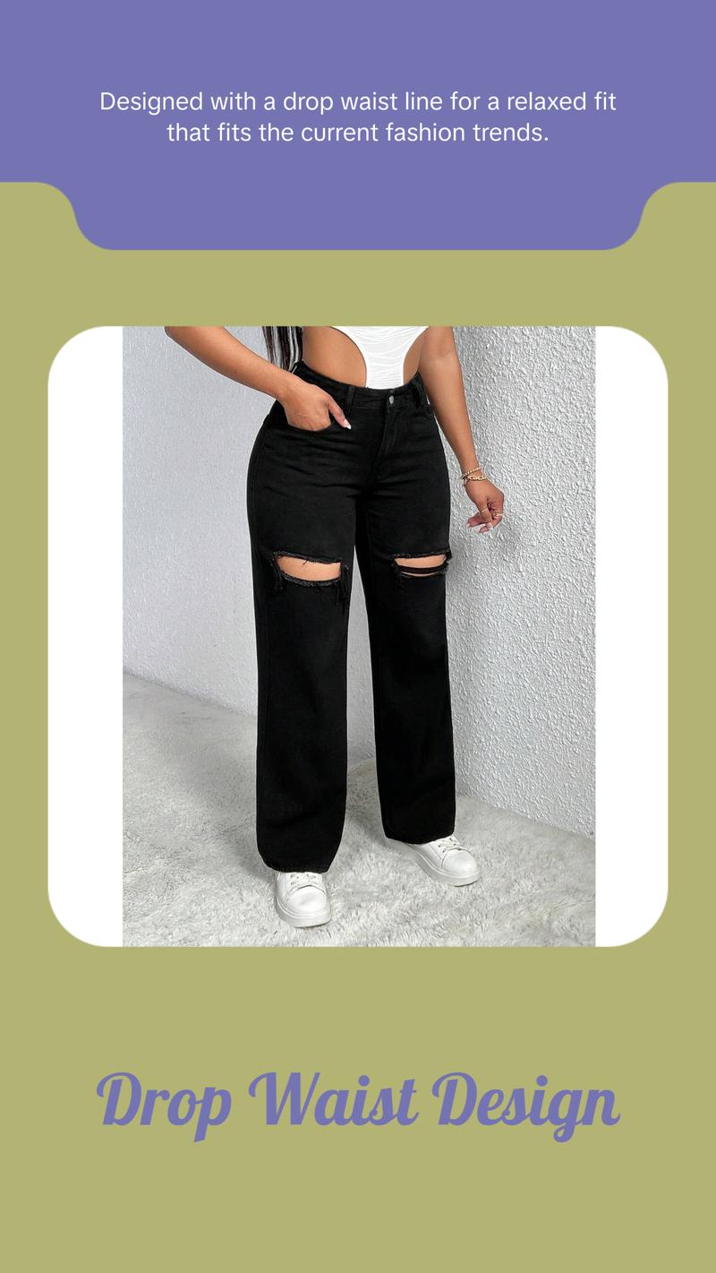 SHEIN SXY Single Button Cut Out Ripped Frayed Wide Leg Jeans