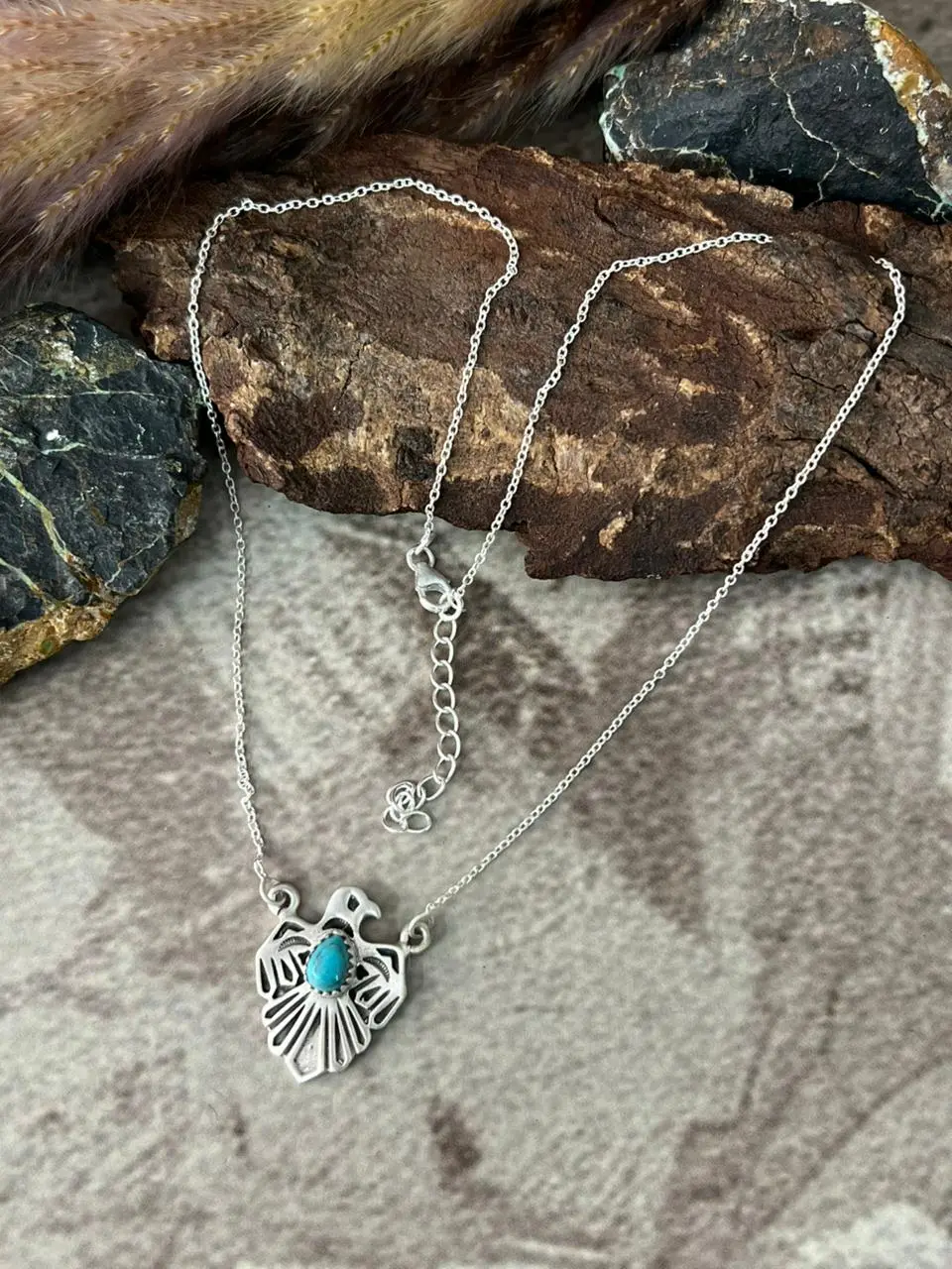 Handmade Sterling Silver Kingman Turquoise Thunder Bird Necklace "Signed Nizhoni"