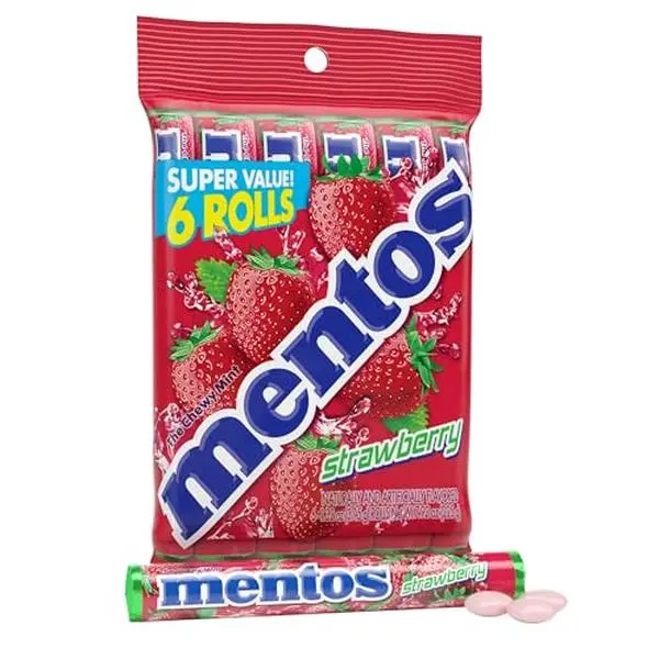 Mentos Strawberry Chewy Mint Candy Roll, 14 Pieces Per Roll, 6 Count Party Pack