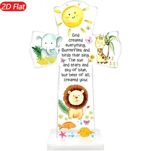 God Created Everything Standing Cross for Kids, Acrylic Cross for Baptism Gift, Christian Nursery Decor for Boys & Girls