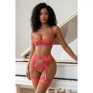 Neon Orange Pink Flower Embroider Wired Bra Gold Locks Sexy 5Pc Lingerie Set
