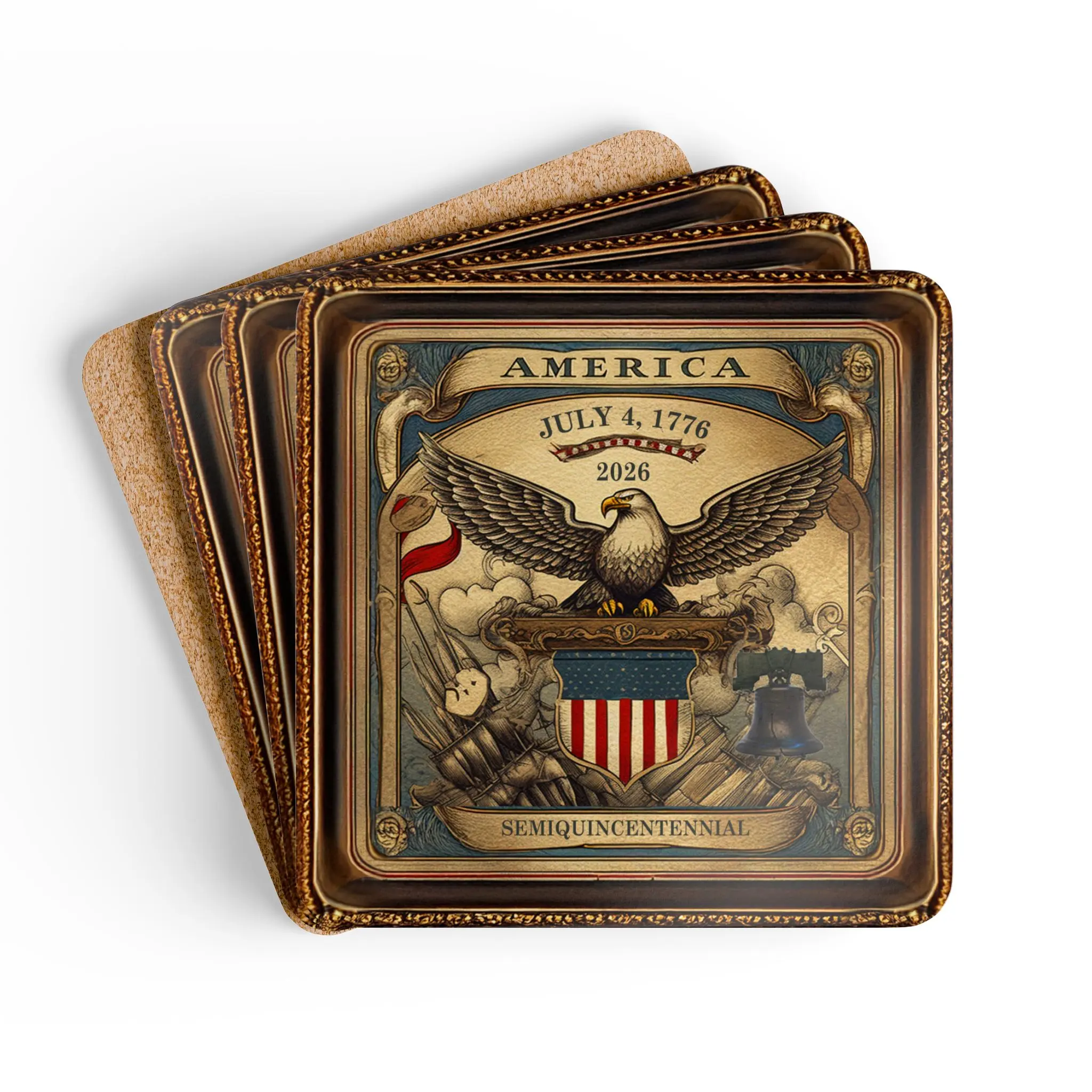 America 250th Anniversary Coasters Set of 4, Patriotic Cork Back Coasters, 1776–2026 Semiquincentennial Gift, Vintage Eagle Design