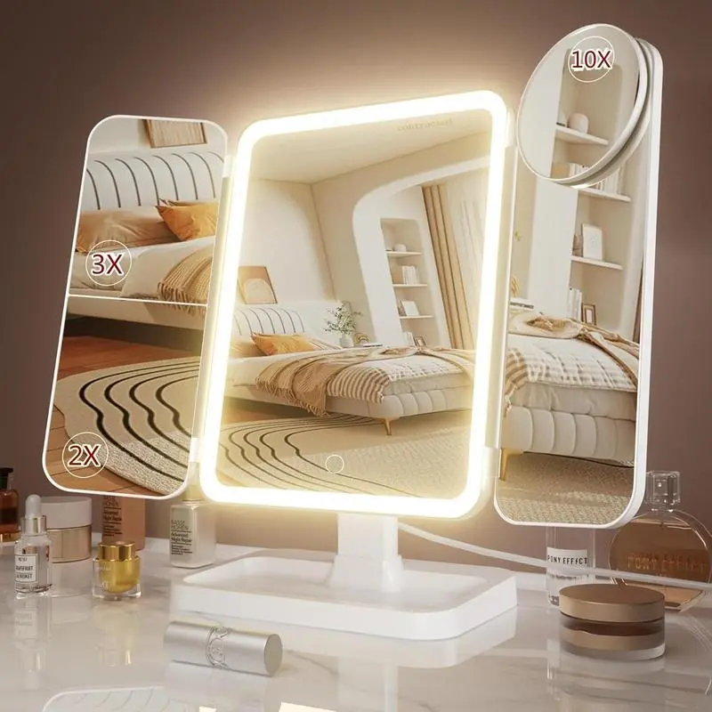 3-Fold Portable Rechargeable LED Light Makeup Mirror, 2x/3x/10x Magnification, Touch Control, for Travel & Bedroom Bathroom Decor (Home Improvement Bathroom Fixture)