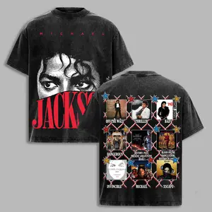 Michael Jackson Vintage Washed Oversized Ribbed Fabric Seamless T-Shirt - King of Pop Album Collage, Thriller Bad Dangerous Graphic, Retro Music Fan Unisex Everyday Tee, kingofpop, mjfans, 90sfashion, retrostyle