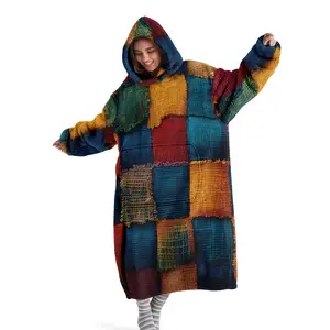 Hooded blanket, wearable blanket, Hoodie blanket, vintage patchwork plaid print, digitally printed flannel blanket, soft and warm, suitable for sofa cover, air conditioning, nap, bed cover, office, camping, travel