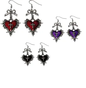 Gothic Bow Rose Thorn Heart Cross Dangle Earrings Vintage Silver Plated Enamel Drop Earrings Y2K Punk Grunge Alt Outfit Accessory Multicolor Red Black Purple Goth Jewelry for Women