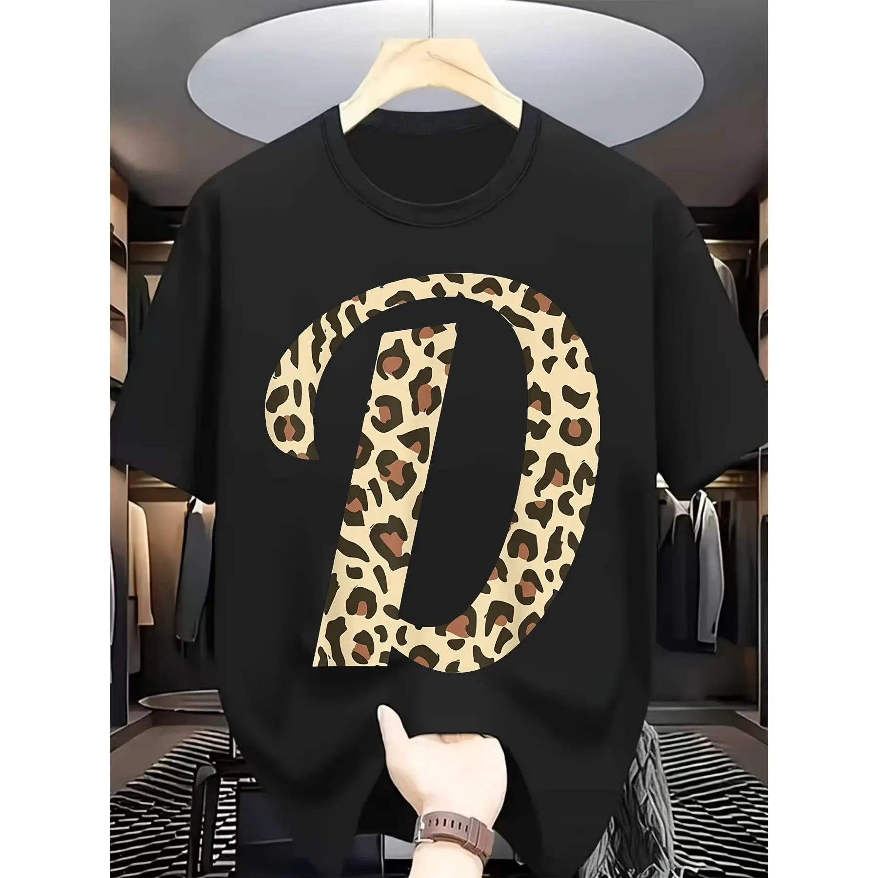Leopard Animal Print Monogram Initial Name Letter,unisex soft cotton short sleeve t shirt, vintage graphic casual tee for men women teens, perfect birthday holiday gift for camping travel gym daily street  wear