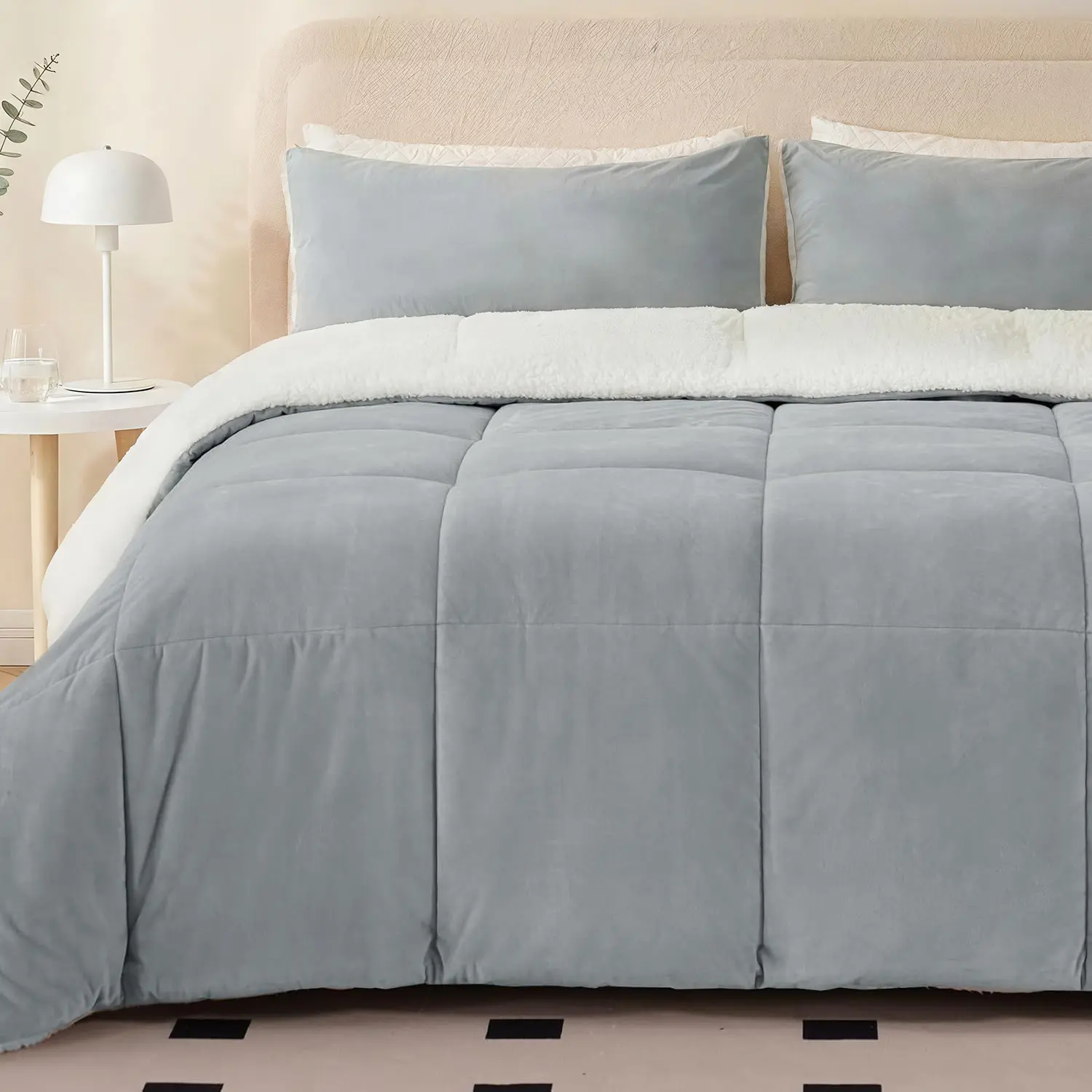 【TASTELIFE】Fluffy Sherpa Queen Size Bedding Comforter Sets Queen Comforter Set-3 Pieces Bed in a Bag Dark Grey Soft Comforter and Pillowcase Luxury Warm Bedding Set for Winter Down Fur Faux king