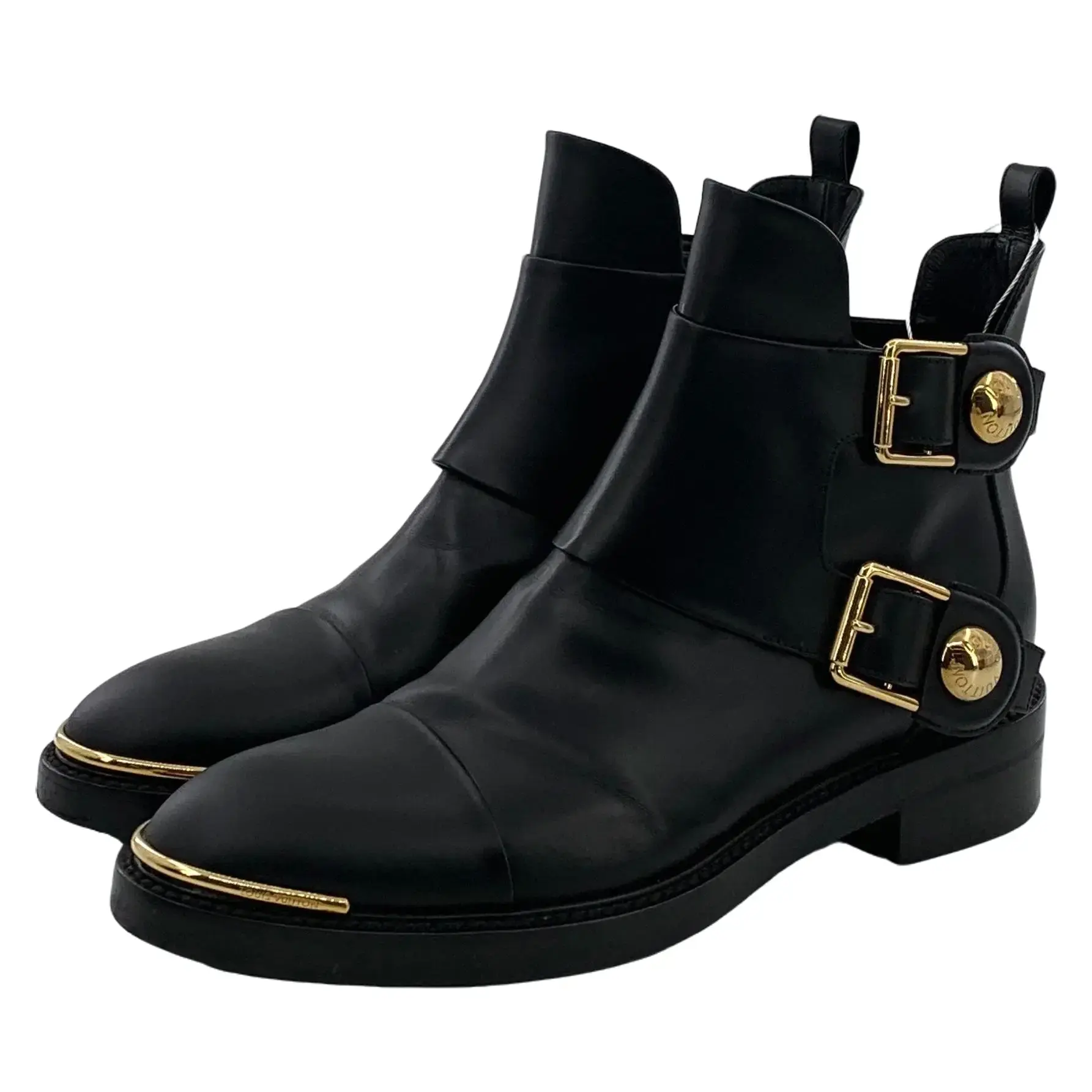 RDLT-Louis Vuitton Size 38 Black Double Logo Buckle Flat Chelsea Ankle Boots-H35884