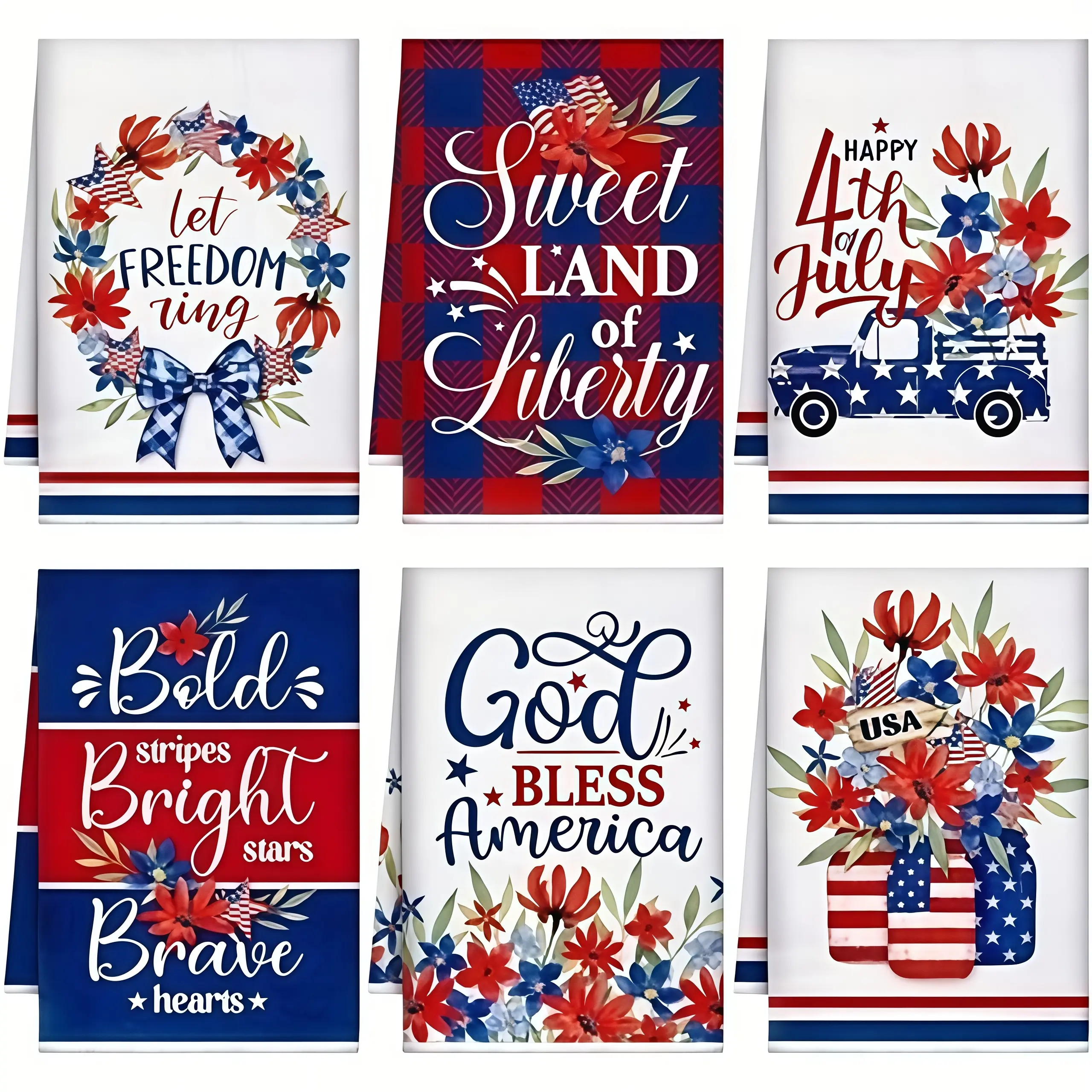 6pc Patriotic Digital Print Farmhouse Rustic Americana Synthetic Microfiber Cloth Set - Water Absorbent Towel, Lightweight Large Kitchen Dish Tea Towels, Machine Washable, 4th of July Floral American Flag Gift for Veterans, No Slogan Design