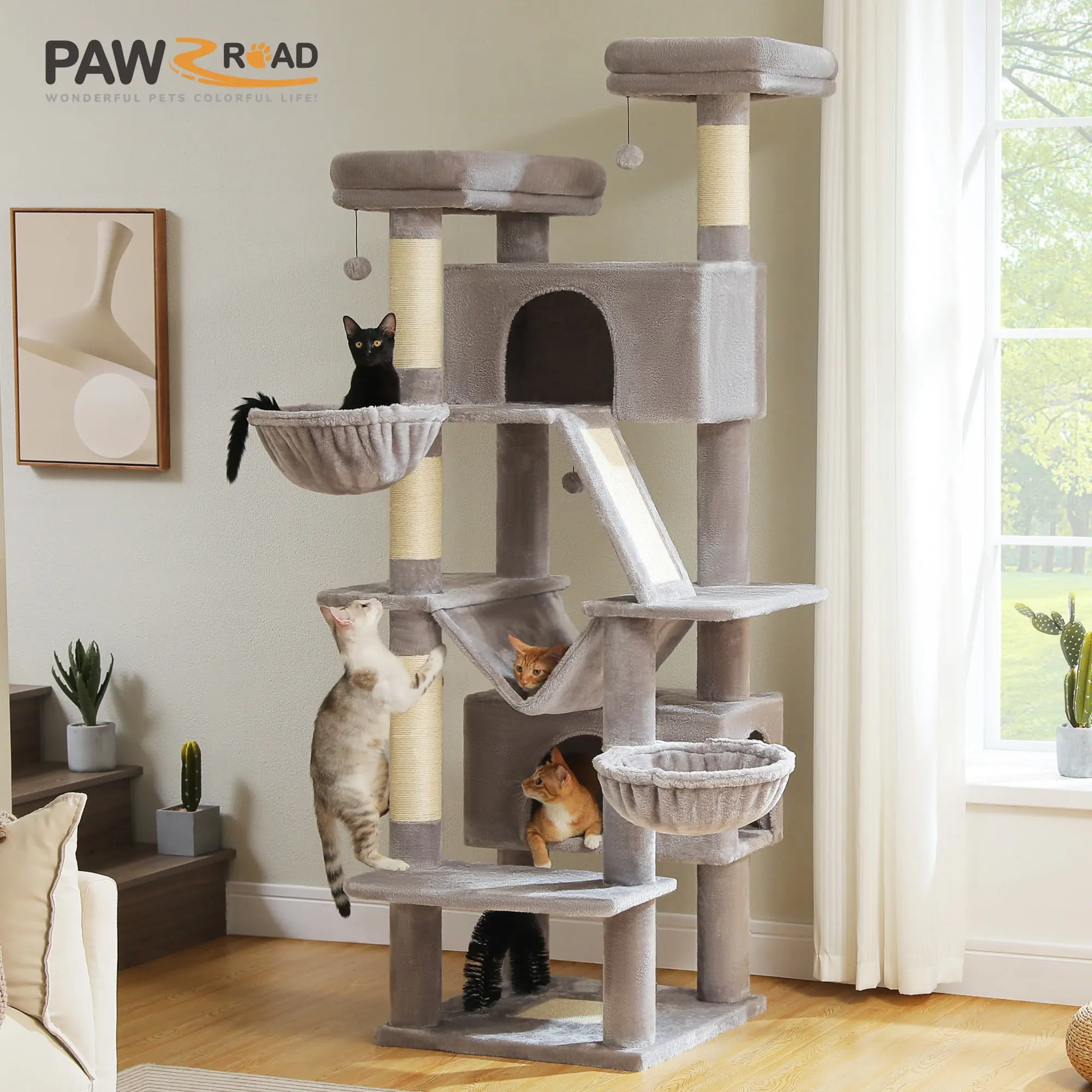 PAWZ Road 77" Extra-Large Particleboard Cat Tree - Multiple Levels Plain Plush Cover Play Tower with Enlarged Condo, Hammocks, Sisal Scratching Posts, Cozy Resting Spots, Climbing Space, Gray