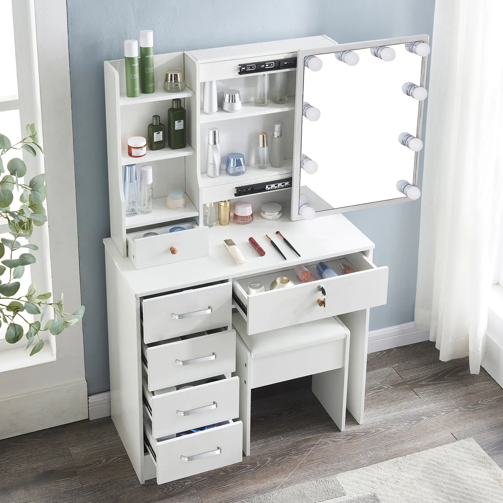 White Aesthetic Bedroom Makeup Vanity Table Set with Stool - 6-Drawer Sturdy Large Mirrored Desk, LED Hollywood Mirror, Shelves, Furniture for Compact & Dual Purpose Bedroom, Bathroom Closet Organization, Compact Bedroom Furniture