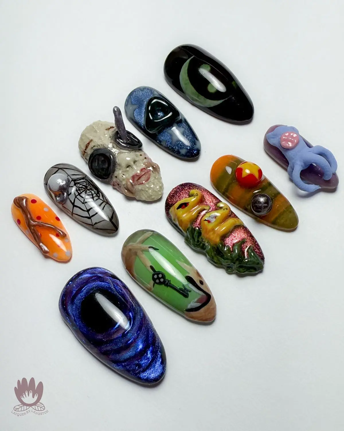 Handmade Long Almond Press-On Nails 3D Studio Ghibli Spirited Away Fake Nails  Reusable Dark Fantasy No Face Luxury Nail Box