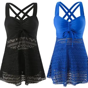 Skirt-style plus-size high-waisted multi-color swimsuit for women with open back, tummy-covering lace mesh swimwear