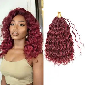 Pre looped  Wave Crochet Hair 8 Packs 12 Inch Burgundy Synthetic Pre Twisted  Braids Hair Boho Deep Wave Short Curly Crochet Hair for Black Women (12 Inch, #)