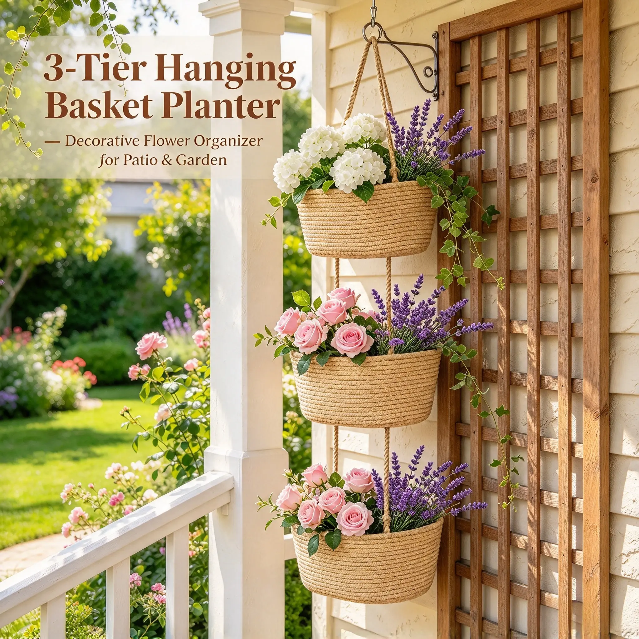3-Tier Woven Hanging Basket Planter, Natural Rope Flower Holder, Farmhouse Wall Decor for Covered Porch, Patio, Balcony & Garden Floral Display