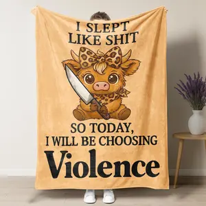 Cute Highland Cow 'Choosing Violence' Meme Blanket – Adorable Leopard Print Bow Cow with Knife Funny Quote Design, Perfect Novelty Gift for Friends and Meme Enthusiasts