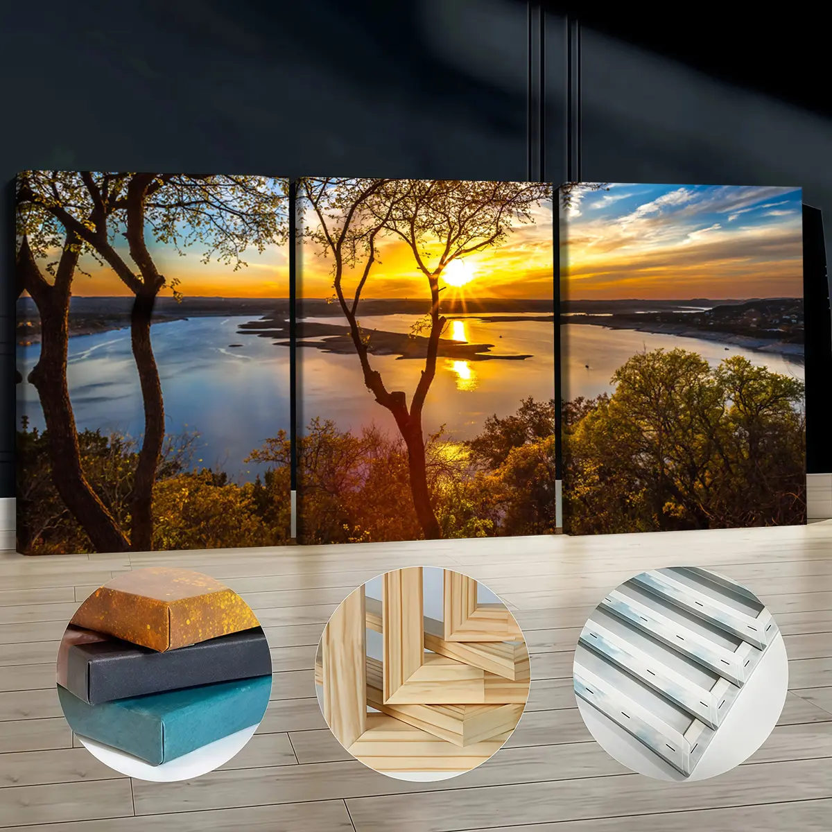 3Pcs Artistic Framed Print Wall Arts - Durable Wooden-Framed Canvas Landscape Artwork, Waterproof Odorless Nature Sunset with Tree Silhouettes, Ready-to-Hang Decoration for Living Room Bedroom, Room Inspo Home Supplies Posters & Prints