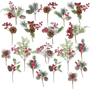 20-Piece Artificial Christmas Tree Decoration Set: Red Berry Pinecone Spray Combination with Pinecones, Apples, and Holly Leaves for Winter Holiday Decorations