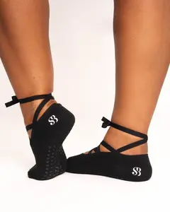 Judy Ballerina-Inspired Ankle Socks in Black with Ribbon Accents for Yoga Pilates Excellent Grip Comfort One Size Fits Most Women Sizes 7-11