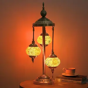 Handmade Turkish Moroccan 3-Ball Mosaic Glass Lamp - Bohemian Multicolor LED Table Light with Metal Base & E12 Bulb for Living Room Bedroom Decor US Plug 125V Ideal Gift for Housewarming Birthdays Anniversaries