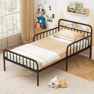 COSTWAY - Twin Size Bed Frame with Headboard and Safety Side Guardrails-Black