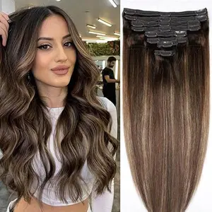 Straight Clip In Hair Extensions Real Human Hair 8Pcs Clip In  Chocolate Brown to Caramel Blonde Human Hair Extensions with 18Clips Lace Weft 120g-1.22-02