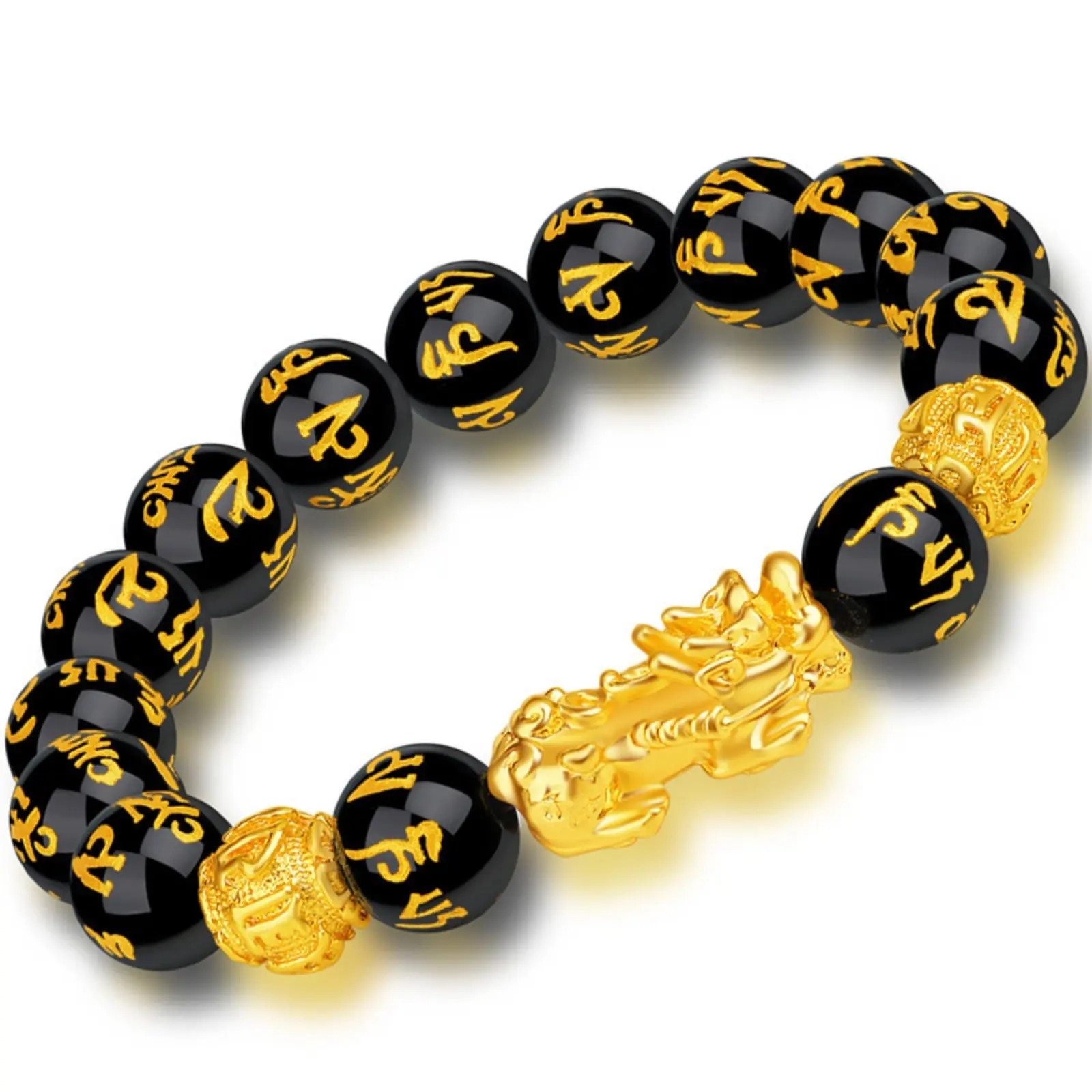 Luxe-Link Exquisite Couples Bracelet Set, 10mm Obsidian Crystal Beads with 3D Gold-Plated Pixiu Lucky Charm for Money Attraction., Crystals Bracelets, Exquisite Bracelet