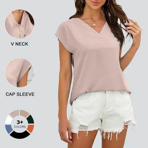 Imily Bela Women's V Neck Chiffon Blouses Cap Sleeve Shirts Casual Loose Work Office Solid Tops Chic Polyester