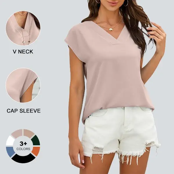 Imily Bela Women's V Neck Chiffon Blouses Cap Sleeve Shirts Casual Loose Work Office Solid Tops Chic Polyester