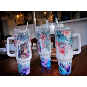 Insulated Stainless Steel Tumbler with Handle 40oz Thirst Quencher- Owl Drinkware Water Bottles Portable