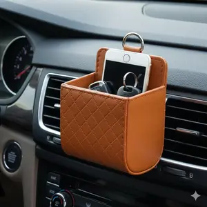 Leather Car Vent Phone Mount & Organizer, Cell Phone Car Mount with 2-in-1 Trash Bag Storage, Anti-Slip Multi-Function Car Accessory, Universal Car Phone Holder for iPhone & Samsung