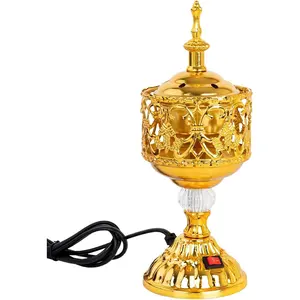Golden Electric Incense Burner, Arabian Style Electric Incense Holder with US Plug, Middle Eastern Tabletop Decorative Censer for Yoga Spa Home Office Christian Church Decor