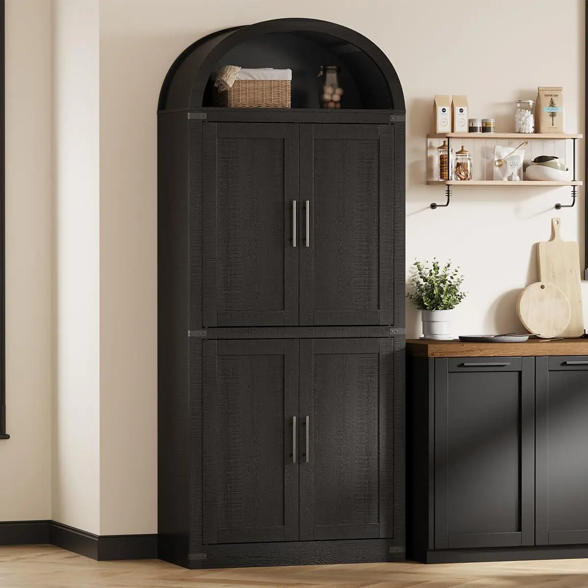 Arched Cabinet, Large Bookshelf with Doors, Arched Bookcase with Cabinets, 5 Tier Kitchen Cabinets for Dining Room, Black