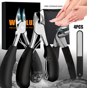 4pcs Heavy Duty Nail Clippers Set - Angled Nail Clippers for Thick Nails with Catch, Stainless Steel, Wide Mouth Opening, Mess-Free Clippers for