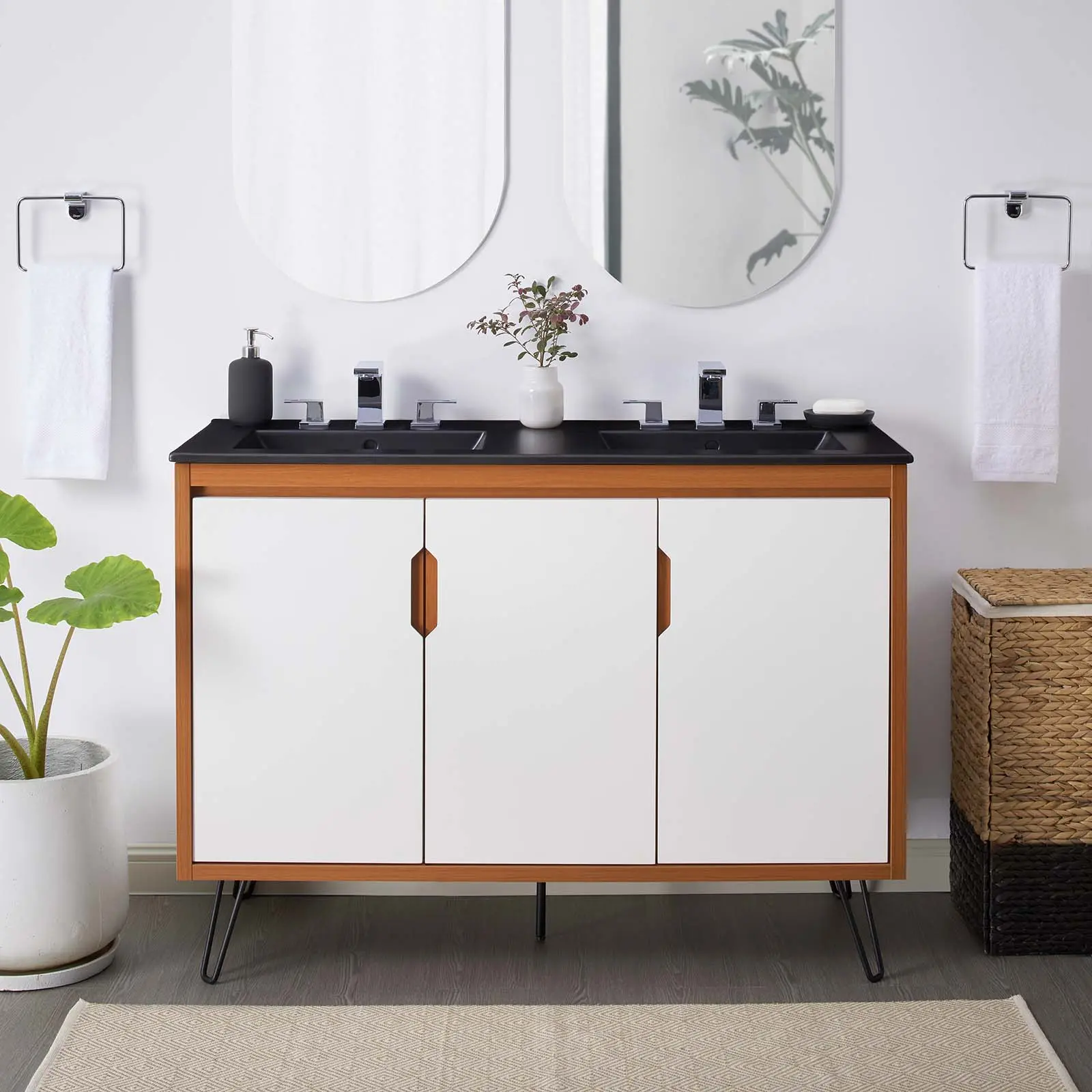 Modway Energize 48" Double Sink Bathroom Vanity in Cherry White Black