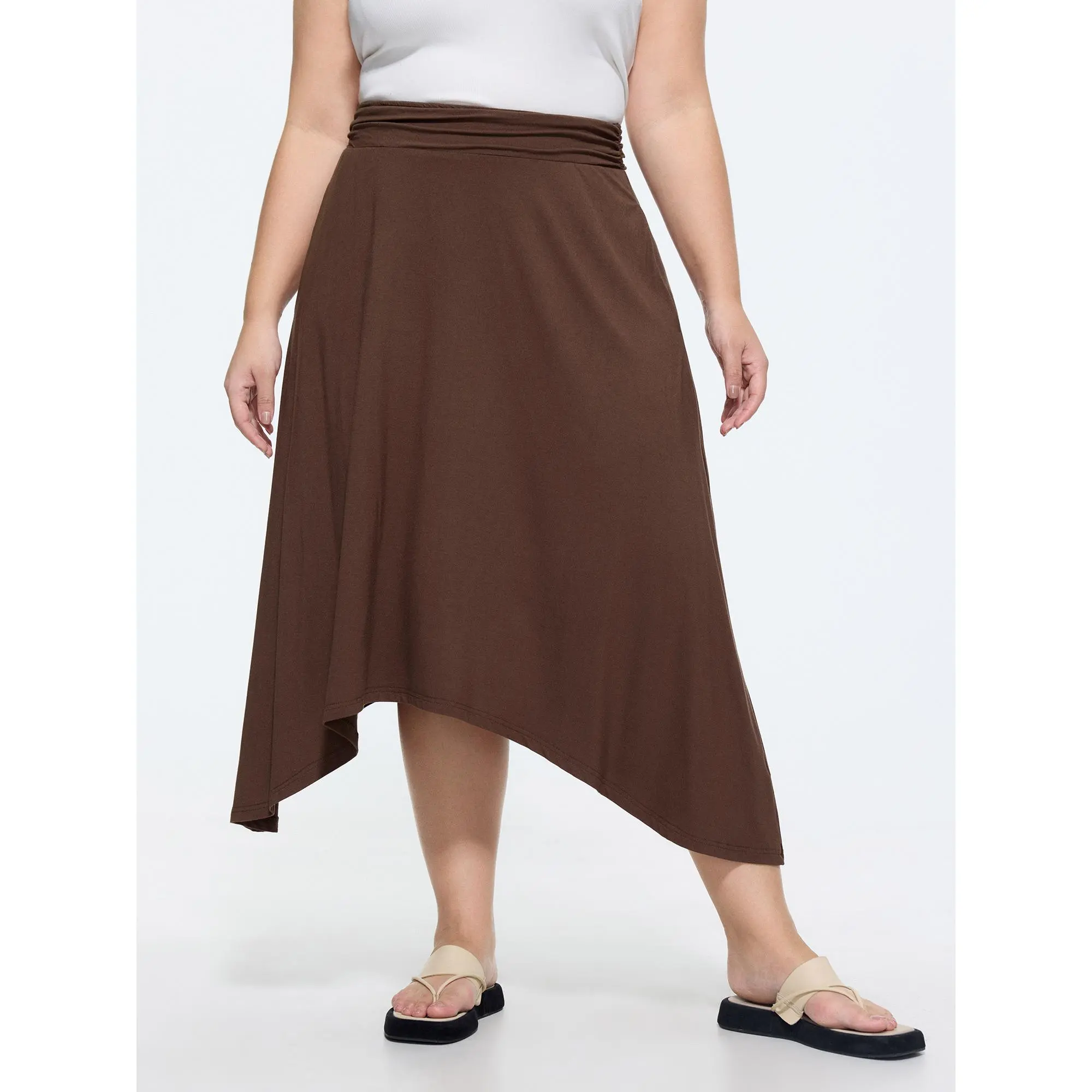 BloomChic Plus Size Women's Basic Solid Midi Skirt, Supersoft Rayon Spandex Fabric with Ruched Asymmetrical Hem, Bottoms, Garment, Fit, Pocket, Plain, Rayon Blend, Leisure, No-Belt, Regular, 14-16/1X, Cold Wash, Hidden Pocket, Machine Wash