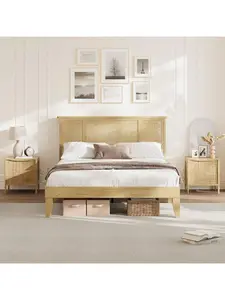 【Christmas Gift】Full Bed Frame With Natural Rattan Headboard Metal Platform And Strong Wooden Slats Support Boho Cane Mattress Foundation No Box Spring Needed Stylish and Sturdy Bedroom Furniture