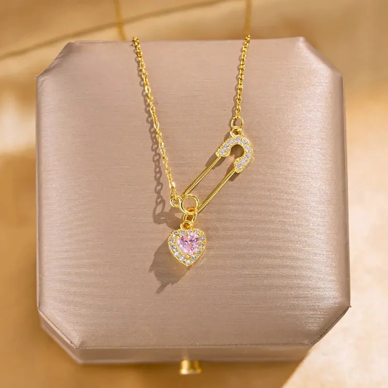 Pink Heart Safety Pin Necklace Y2K Aesthetic Pendant with Sparkling Crystal Heart & 18k Gold Tone Safety Pin Design Perfect for Layering & Gifting jewelry