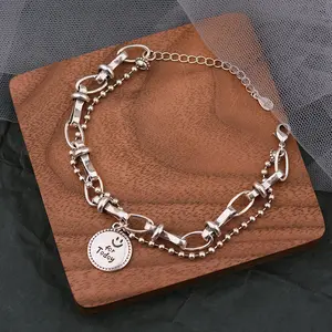Silver Color Bracelet for Women Trend Vintage Hip Hop Creative Double Chain Smile Round Jewelry Gifts