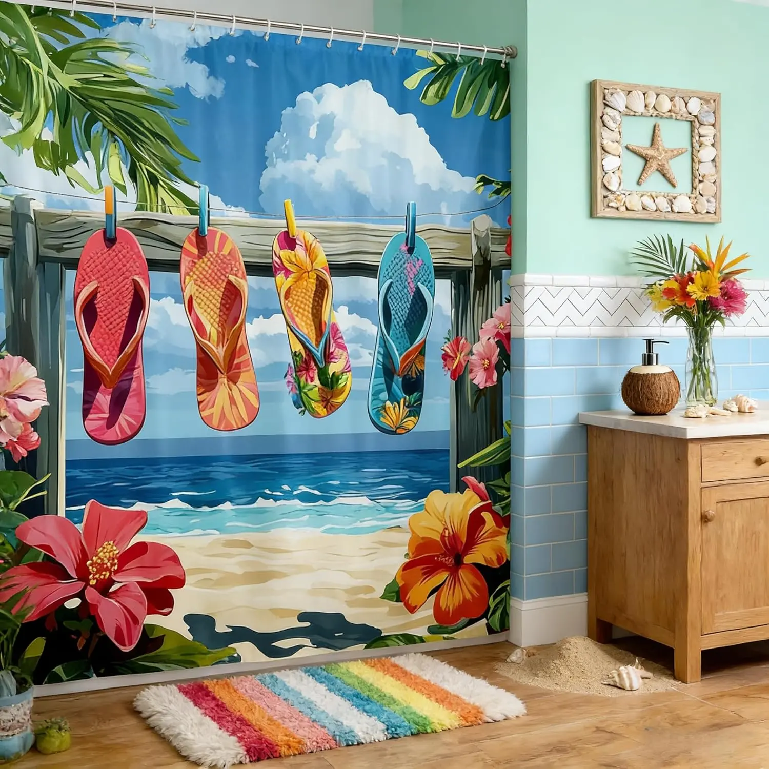 Surfing Sports Bath Curtain,Colorful Surf Themed Graffiti Painting Bathroom Shower Curtain,Surfboard Fish Stars Plaid Waterproof Fabric Hooks for Stalls