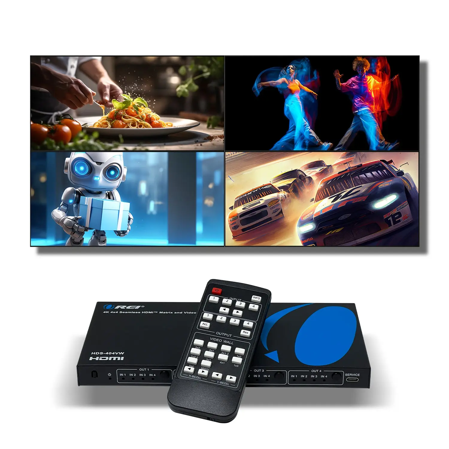 4K@30hz 4x4 HDMI™ Matrix w/ Video Wall (Seamless)-HDS-404VW