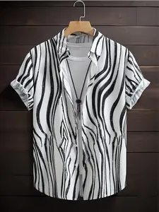 Summer men's fashion casual outdoor short-sleeved Striped Collared button-down shirt, fashionable and versatile, Tropical Hawaiian style, suitable for summer daily wear, dinner dates, beach vacations, party wear...