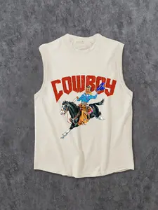 Men's Regular Fit Cowboy & Letter Print Top, Casual Comfy Sleeveless Top for Summer, Fashion Men's Clothes for Daily Wear, Socks, Sleeveless Tank Tops, Graphic Tank Top